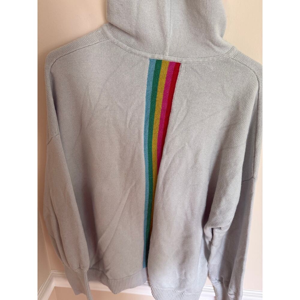 Boden | Cashmere/Wool Blend Light Blue Rainbow Back Stripe Knit Hooded Pullover - Picture 11 of 15
